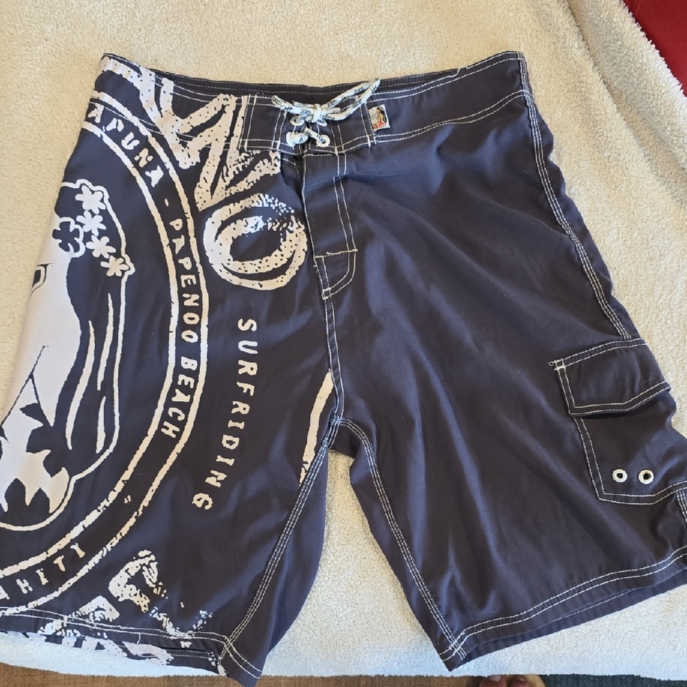 Rare: Hinano Tahaiti Gray Board Shorts with Tribal Design